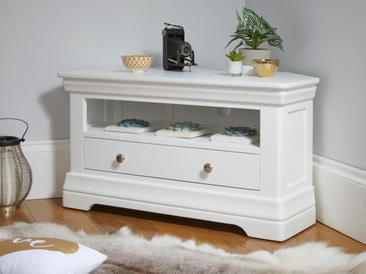 Toulouse White Painted Corner TV Unit with Drawer and shelf