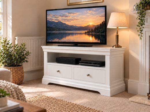 Toulouse white painted TV unit with two drawers, chrome knobs and an open media shelf in a warmly styled living room.