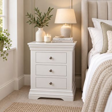 Toulouse White Painted 3 Drawer Large Grande Assembled Bedside Table in bedroom setting