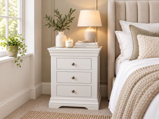 Toulouse White Painted 3 Drawer Grande Large Bedside Table styled beside upholstered bed