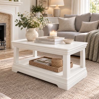 Toulouse white painted coffee table with lower shelf styled in a bright neutral living room