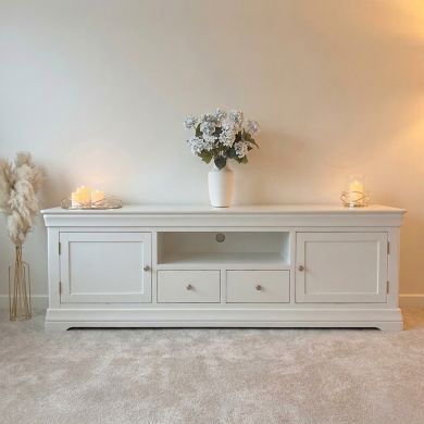 Toulouse White Painted Grande 210cm Extra Large Assembled TV Unit - Instagram photo from @_ourhighamhome_ - Image improved with Google Gemini
