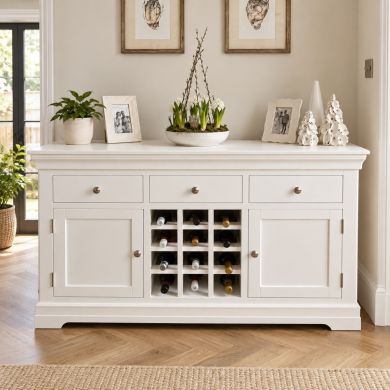 Toulouse White Painted 140cm Assembled Storage Wine Rack Sideboard with three drawers, two cupboards and central wine rack, styled in a bright modern country interior.
