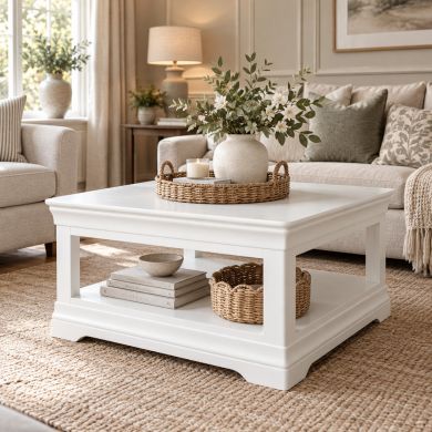 Toulouse white painted 90cm square assembled coffee table with lower shelf in a neutral living room