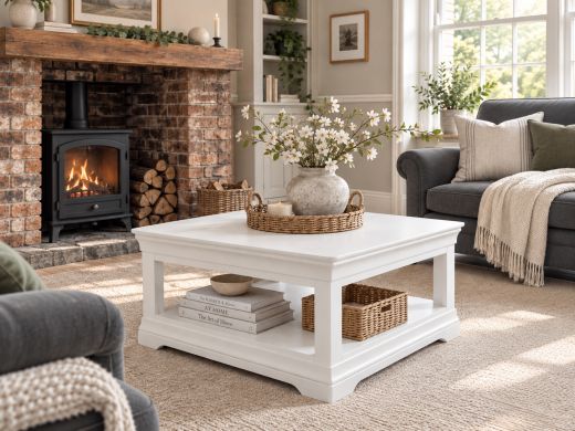 Toulouse white painted 90cm square coffee table with shelf styled beside a brick fireplace landscape view