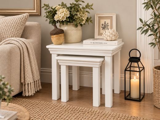 Toulouse White Painted Assembled Nest of Two Tables styled in a neutral living room setting