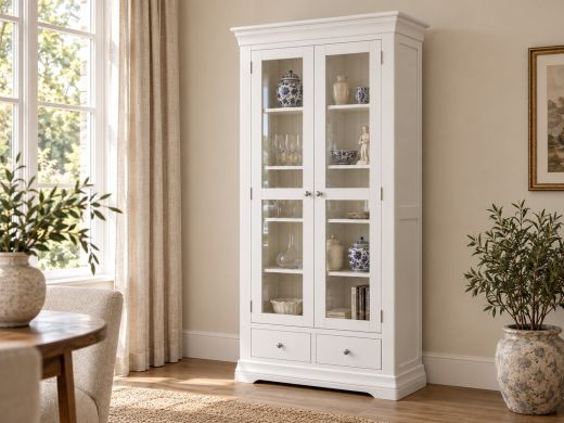 Toulouse white painted tall glass display cabinet with two drawers styled with ceramics and glassware in a light room
