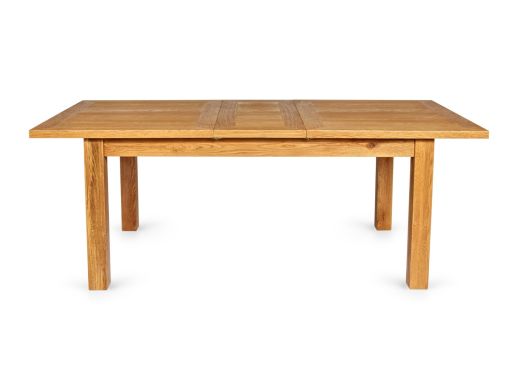 Front view of the Lichfield oak dining table extended to 200cm with one extension leaf on a white background