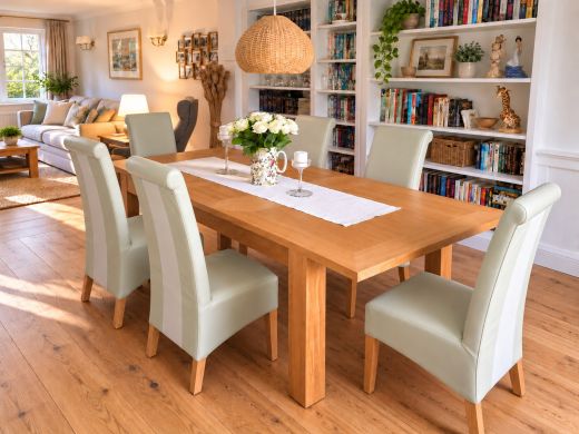 Lichfield double extending oak dining table with pale upholstered chairs, styled with white roses in a bright dining room with bookshelves
