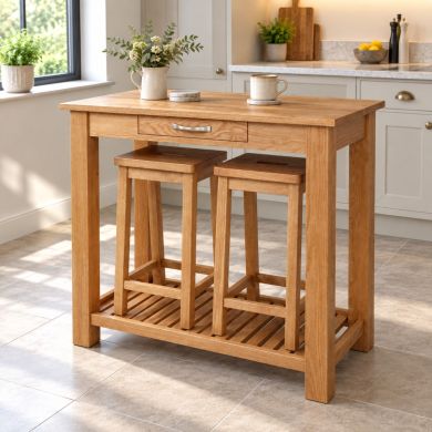Tutbury oak breakfast console table with two matching refectory oak stools and storage drawer