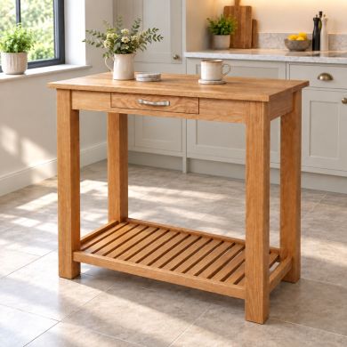 Tutbury oak breakfast console table with drawer and slatted shelf in a bright contemporary kitchen