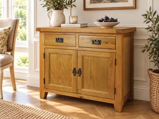 Country Oak 100cm Small Assembled Oak Sideboard with two drawers and two cupboard doors in a sunlit room