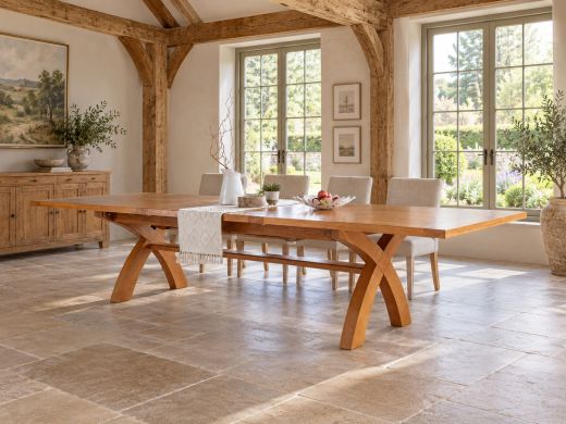 Country Oak cross-leg dining table fully extended to 340cm in an oak-beamed country dining room