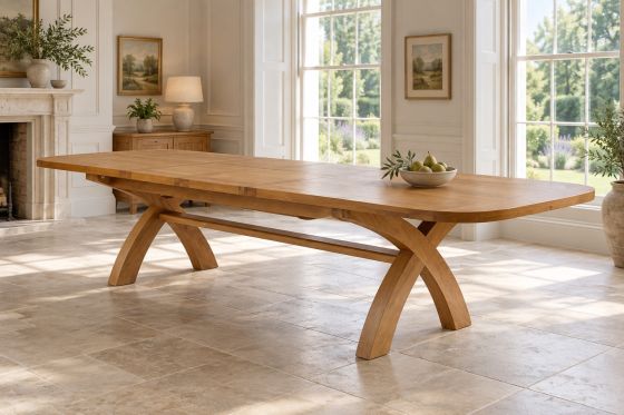 Country Oak 3.4m large double extending dining table with X legs and rounded corners in a bright dining room