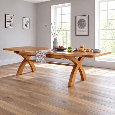 Country Oak 3.4m Large Double Extending Dining Table X Leg Oval Corners professional photo