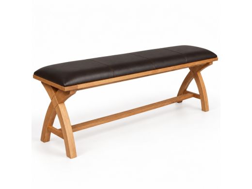 Country Oak 160cm cross leg dining bench with dark brown leather seat and solid oak frame
