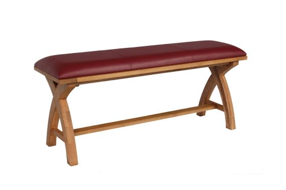 Red Leather Dining Bench 120cm Cross Leg Country Oak Design - £50 OFF FLASH SALE