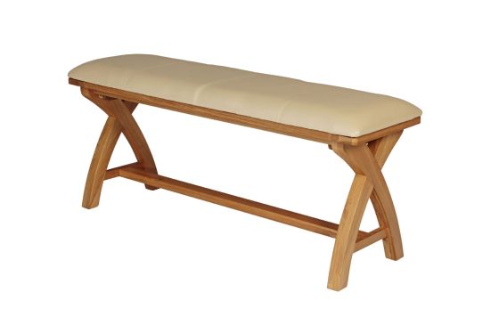 Cream Leather 1.6m Country Oak Cross Leg Bench - £60 OFF FLASH SALE