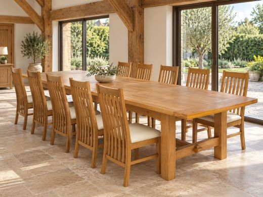 Chunky Chateaux extending solid oak dining table with ten cream-seat oak chairs in a bright oak-beamed country house dining room