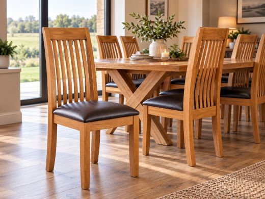 Westfield solid oak dining chairs with brown leather seats around a large oak dining table in a bright contemporary dining room