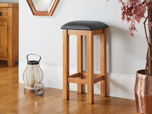 Baltic Solid Oak Brown Leather Kitchen Stool 