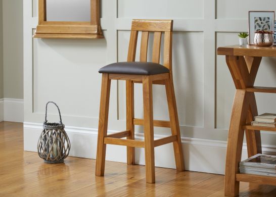 Billy Tall Oak Bar Stool in Brown Leather