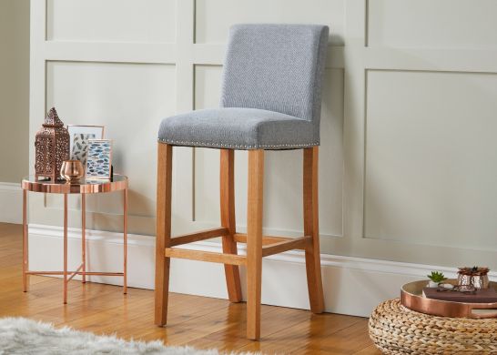 Buckingham Silver Grey Fabric Tall Oak Kitchen Stool