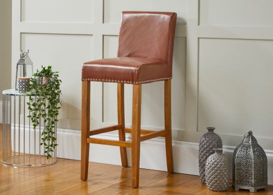 Buckingham Tan Brown Leather Tall Oak Kitchen Stool