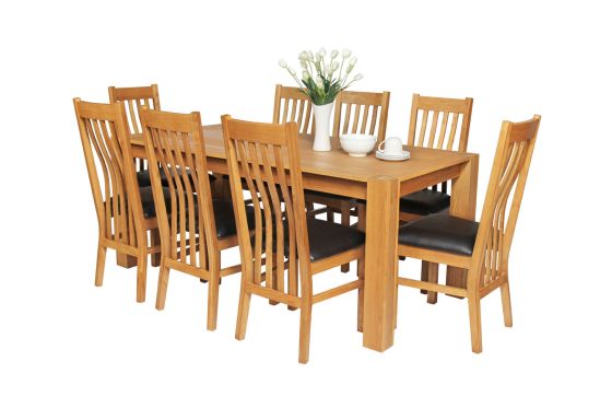 Cambridge 180cm Oak Dining Table 8 Chelsea Brown Leather Oak Chair Set - SPRING SALE