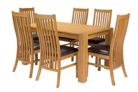 Cambridge 140cm Oak Table 6 Lichfield Brown Leather Chair Set
