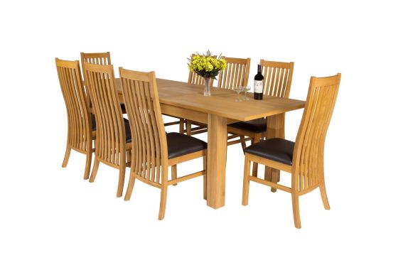 Caravella 230cm Extending Oak Table 8 Lichfield Brown Leather Oak Chair Set