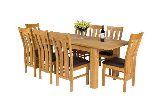 Caravella 230cm Extending Oak Table 8 Churchill Brown Leather Oak Chair Set