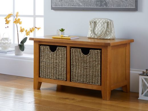 Country Oak Hallway Shoe Storage Bench 2 Wicker Baskets