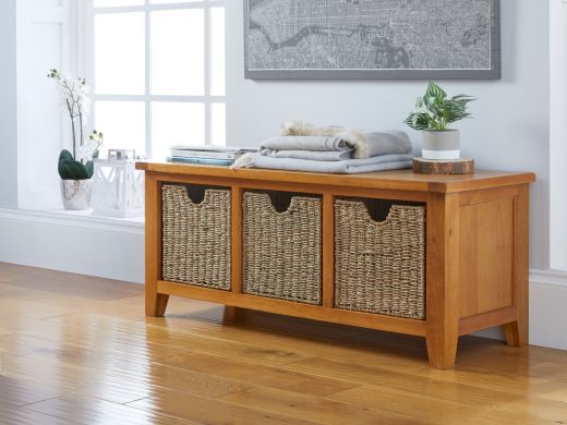 Country Oak Hallway Shoe Storage Bench with 3 Wicker Baskets