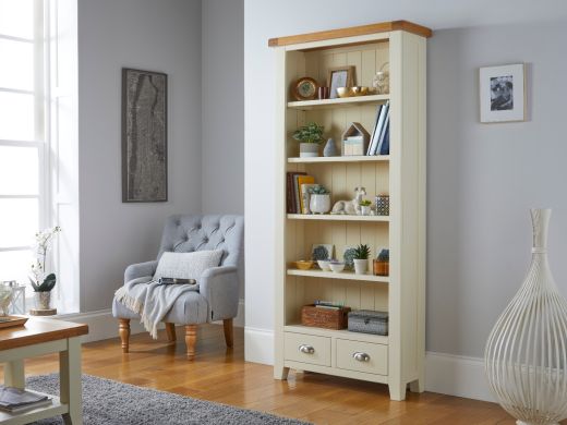 Country Cottage Cream Painted Tall Oak Bookcase with Drawers and adjustable Shelves