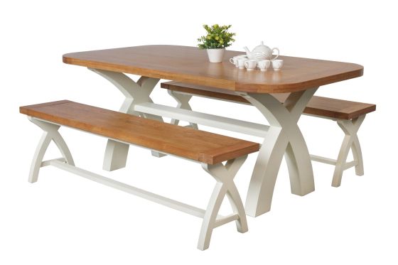 Country Oak 180cm cream painted dining table pair 160cm cross leg benches - SPRING SALE