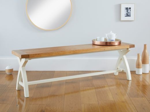 1.6m Cream Painted Cross Leg Oak Bench