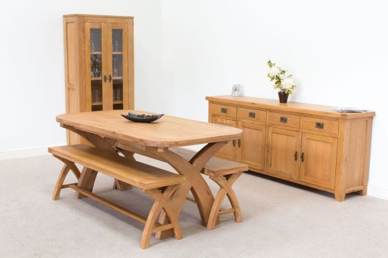 Country Oak 180cm Cross Leg Oval Table & 2 x 160cm Benches Dining Set