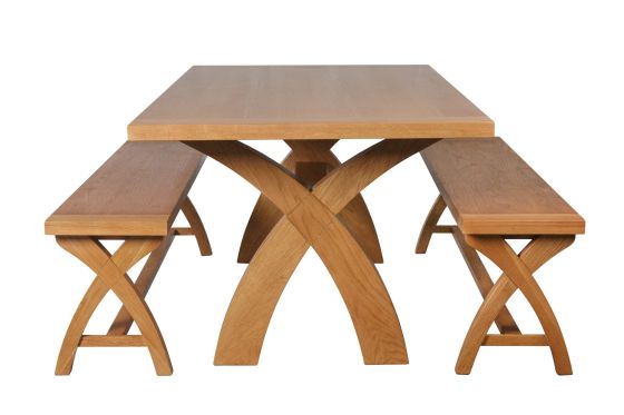Country Oak 180cm X Leg Table Pair Of 160cm Bench Set