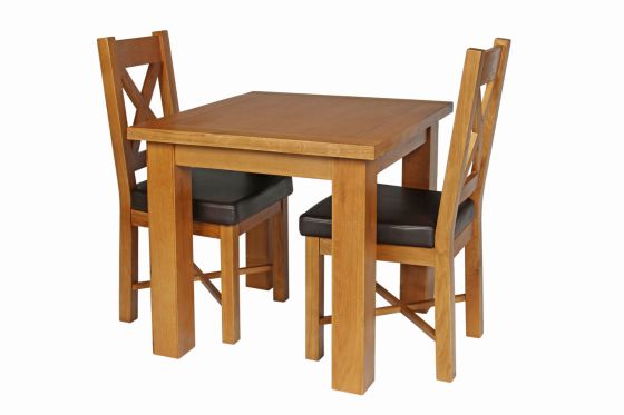 Country Oak 80cm Oak Table and 2 Grasmere Brown Leather Chair Set - SPRING SALE