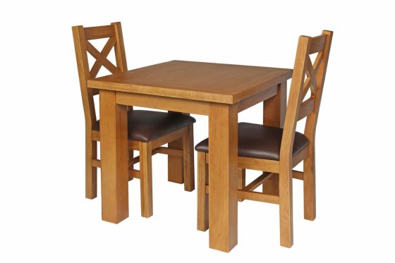 Country Oak 80cm Oak Table and 2 Windermere Brown Leather Chair Set - SPRING SALE