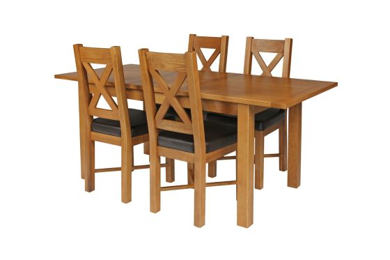 Country Oak 180cm Extending Oak Table and 4 Grasmere Brown Leather Seat Chair Set - SPRING SALE