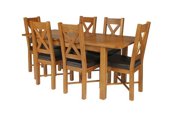 Country Oak 180cm Extending Oak Table and 6 Grasmere Brown Leather Seat Chair Set - SPRING SALE