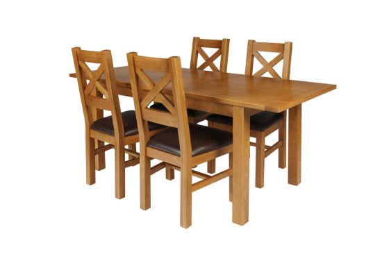 Country Oak 180cm Extending Oak Table and 4 Windermere Brown Leather Seat Chair Set