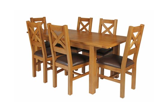 Country Oak 180cm Extending Oak Table and 6 Windermere Brown Leather Seat Chair Set
