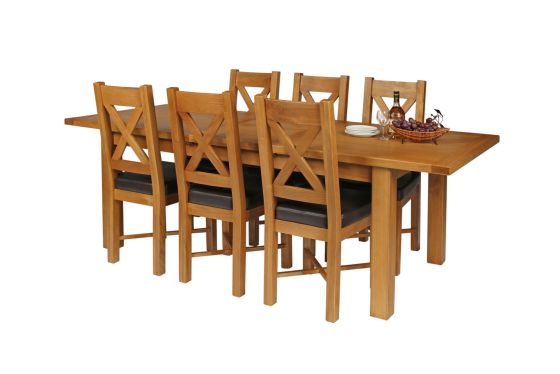 Country Oak 230cm Extending Oak Table and 6 Grasmere Brown Leather Seat Chair Set - SPRING SALE