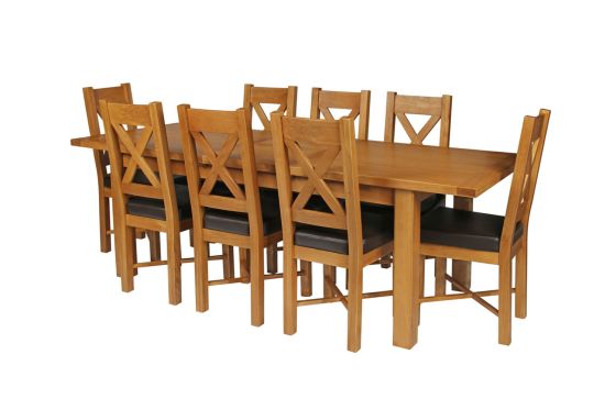 Country Oak 230cm Extending Oak Table and 8 Grasmere Brown Leather Seat Chair Set - SPRING SALE