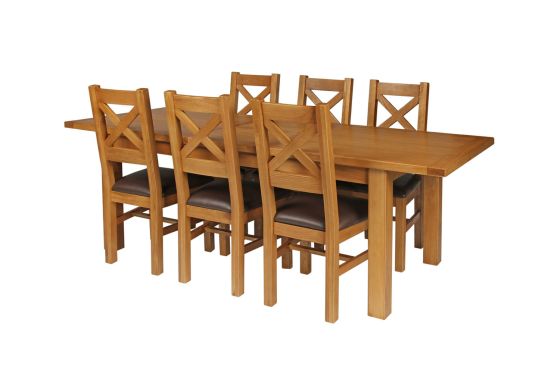Country Oak 230cm Extending Oak Table and 6 Windermere Brown Leather Seat Chair Set