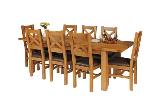 Country Oak 230cm Extending Oak Table and 8 Windermere Brown Leather Seat Chair Set