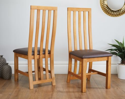 Dorchester Slatted Back Oak Dining Chair Brown Leather Pad - SPRING MEGA DEAL - 5 LEFT IN STOCK